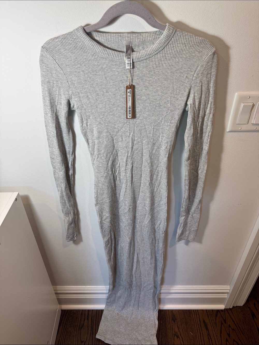 SKIMS Ribbed Crew Neck Long Sleeve Maxi Dress - Light Gray